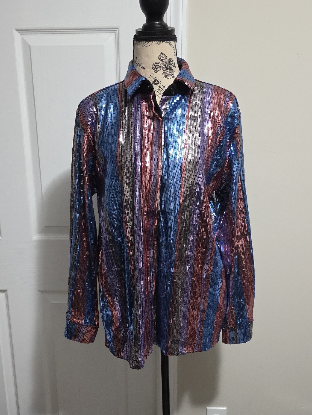 Forever 21 Oversized Sequin Button Down Collared Shirt XS Light Blue Multi